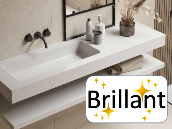 Plan vasque lavabo de 80 cm, sur mesure, Largeur 100 à 200 cm x Profondeur 46 à 80 cm, résine composite de haute qualité, Finition lisse blanc BRILLANT laqué, Livraison Offerte.